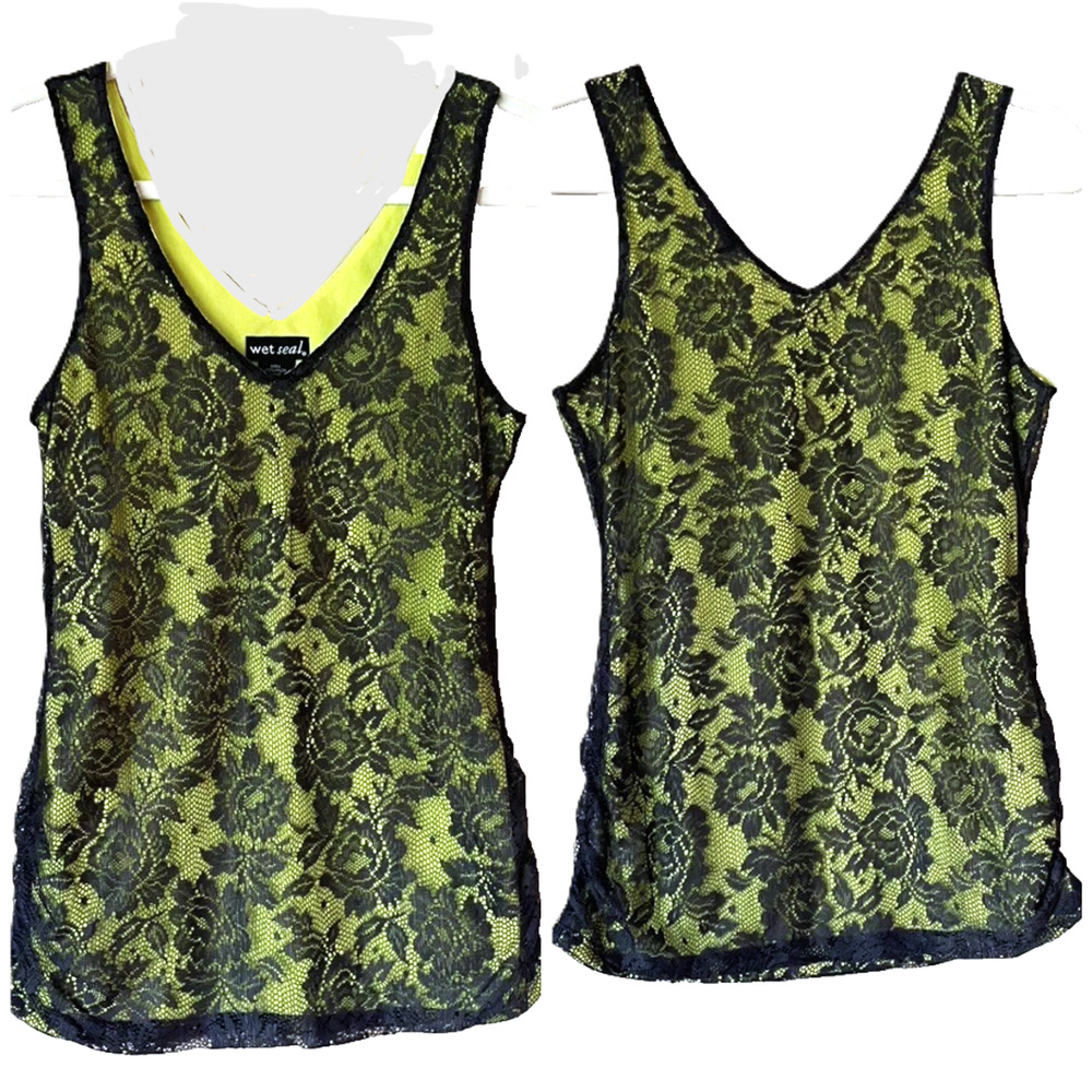 Y2k Wet Seal Tank Top M Black Lace Neon‎ Green Ruched Goth Whimsigoth Fairygoth